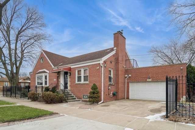 bungalow-style house with concrete driveway, a chimney, an attached garage, fence, and brick siding