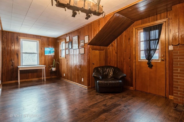 unfurnished room featuring wood walls, wood finished floors, and baseboards