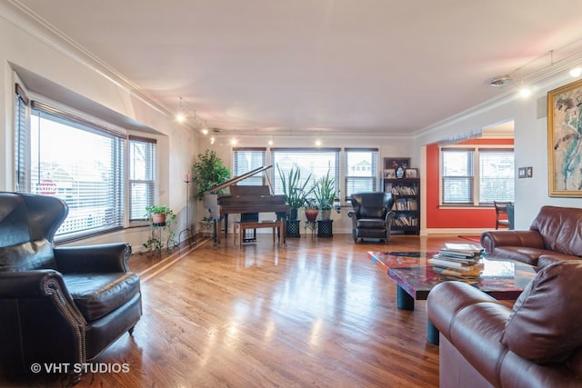 living room with a wealth of natural light, crown molding, and wood finished floors