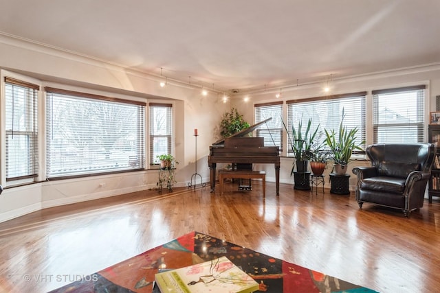 sitting room featuring ornamental molding, wood finished floors, rail lighting, and baseboards