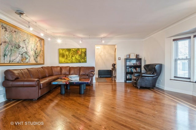 living area featuring rail lighting, baseboards, ornamental molding, and wood finished floors