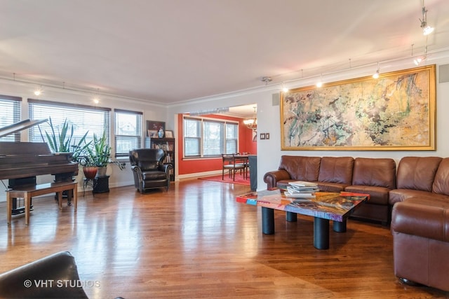 living area with crown molding, track lighting, baseboards, and wood finished floors