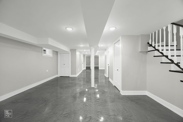 interior space featuring marble finish floor, stairs, baseboards, and recessed lighting