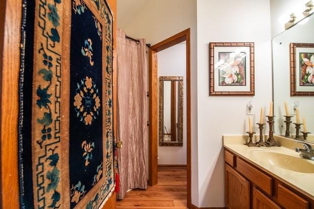 bathroom with hardwood / wood-style floors and vanity