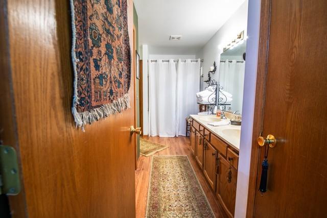 bathroom with hardwood / wood-style flooring and vanity