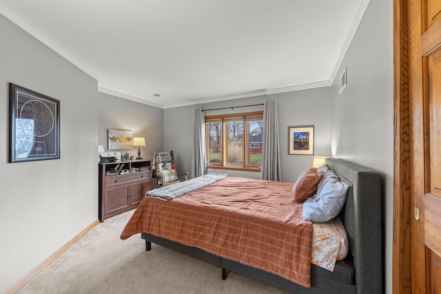 carpeted bedroom with crown molding