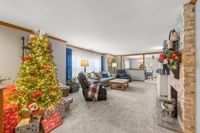 carpeted living room featuring a stone fireplace and ornamental molding