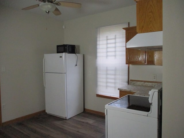 kitchen featuring stove, dark hardwood / wood-style flooring, white fridge, and a wealth of natural light