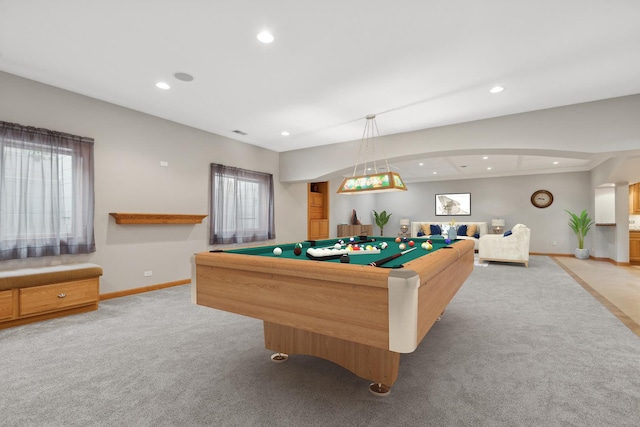 rec room with light colored carpet, a wealth of natural light, and pool table