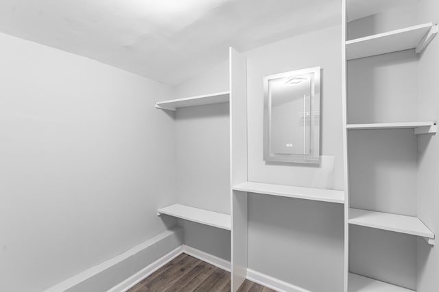 spacious closet featuring dark hardwood / wood-style flooring and vaulted ceiling