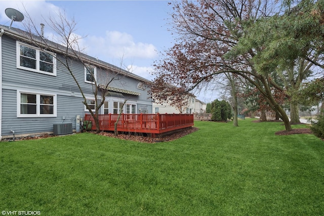 view of yard with cooling unit and a deck