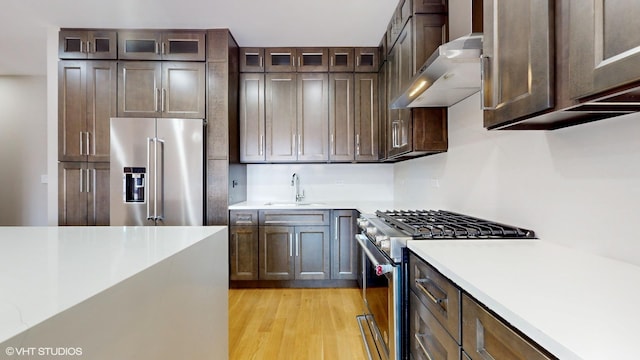 kitchen with dark brown cabinetry, high end appliances, sink, wall chimney exhaust hood, and light wood-type flooring