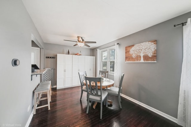 dining space featuring ceiling fan and dark wood-type flooring