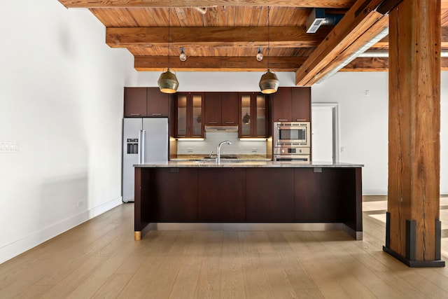 kitchen with wooden ceiling, hanging light fixtures, beam ceiling, stainless steel appliances, and light stone counters