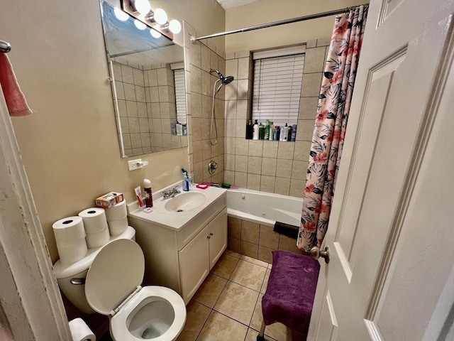 full bathroom with tile patterned flooring, vanity, toilet, and shower / bath combo with shower curtain