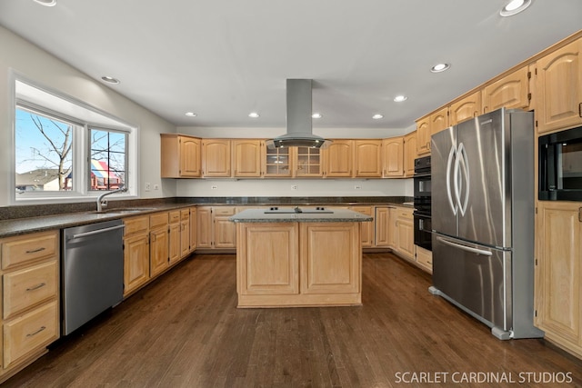 kitchen with light brown cabinetry, sink, a center island, island exhaust hood, and black appliances