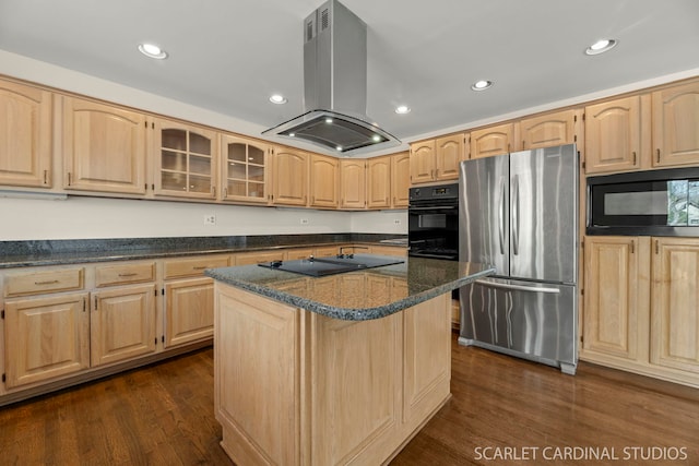 kitchen featuring light brown cabinetry, black appliances, and island exhaust hood