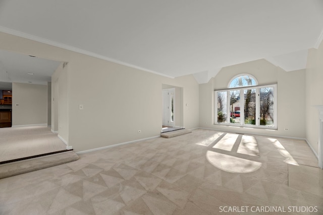 unfurnished living room with crown molding and light colored carpet