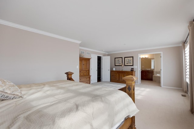 bedroom with light colored carpet, ornamental molding, and ensuite bath