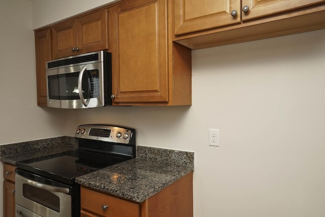 kitchen featuring dark stone countertops and stainless steel appliances