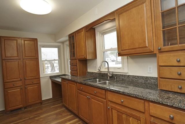 kitchen with a healthy amount of sunlight, dark stone countertops, dark wood-type flooring, and sink