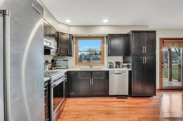 kitchen featuring premium appliances, sink, and light hardwood / wood-style flooring