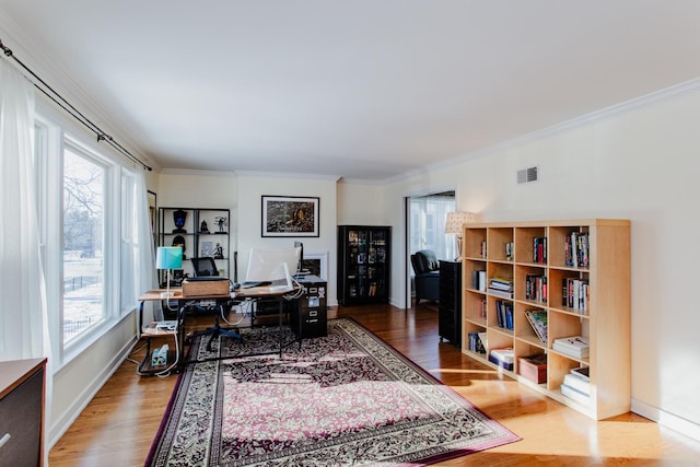 office space with hardwood / wood-style floors and ornamental molding