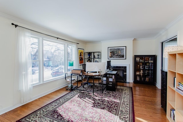 office area featuring ornamental molding, hardwood / wood-style floors, and a high end fireplace