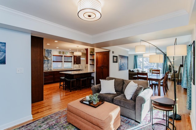 living room featuring sink, light wood-type flooring, and crown molding