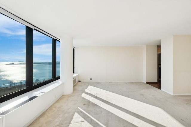 carpeted empty room featuring a water view and a healthy amount of sunlight