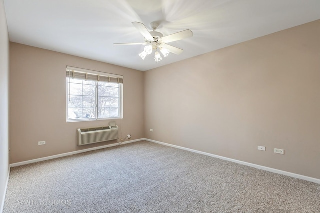 carpeted empty room featuring ceiling fan and an AC wall unit