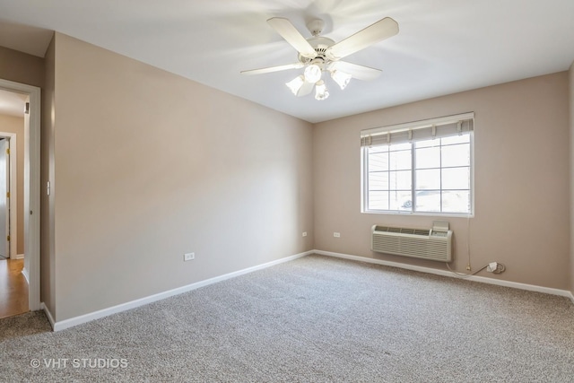 carpeted empty room with a wall mounted air conditioner and ceiling fan