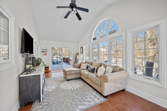 sunroom featuring lofted ceiling and ceiling fan