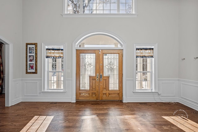 foyer featuring dark wood-style floors, a wealth of natural light, and a high ceiling