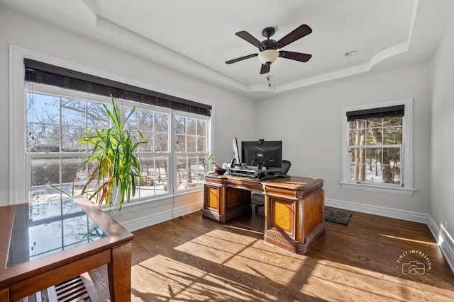 home office featuring ceiling fan, baseboards, a raised ceiling, and wood finished floors