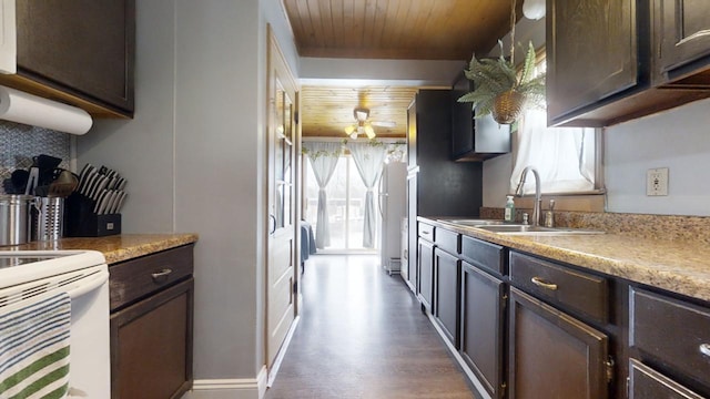 kitchen featuring dark brown cabinets, wood ceiling, and sink