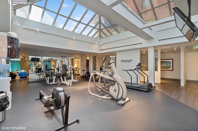 gym featuring a towering ceiling