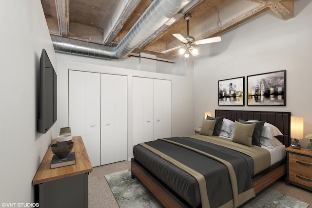 bedroom with carpet, ceiling fan, and multiple closets