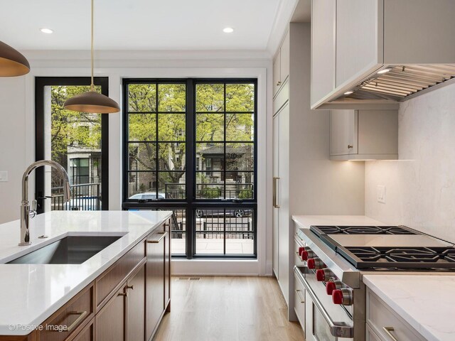 1208 W Wellington St Unit 1F, Chicago, IL 60657 - kitchen featuring exhaust hood, hanging light fixtures, high end stainless steel range, a sink, and light wood-style flooring