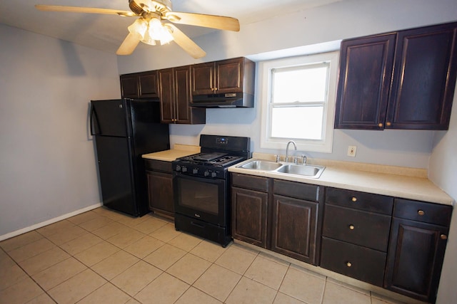 kitchen with black appliances, sink, ceiling fan, light tile patterned floors, and dark brown cabinetry