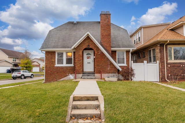 bungalow-style home featuring a front lawn