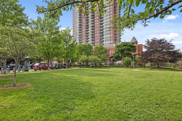 view of property's community with a lawn