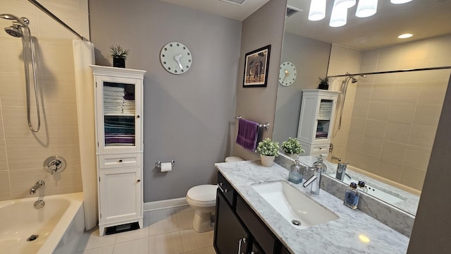 full bathroom with shower / tub combo with curtain, tile patterned floors, toilet, and vanity