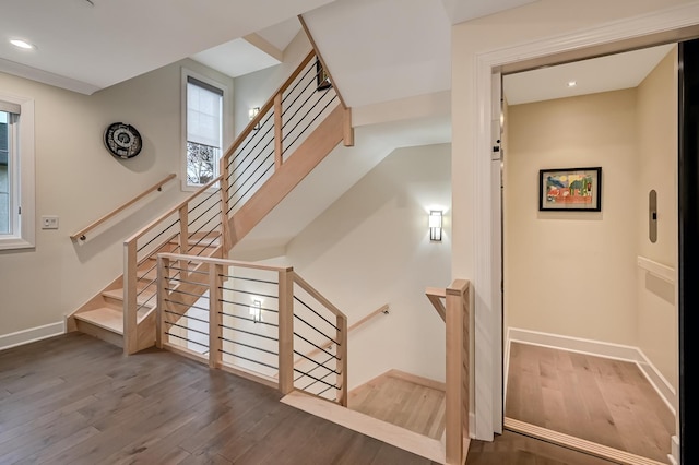 stairway with hardwood / wood-style floors