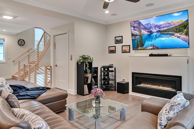 living room with ceiling fan, light hardwood / wood-style flooring, and crown molding