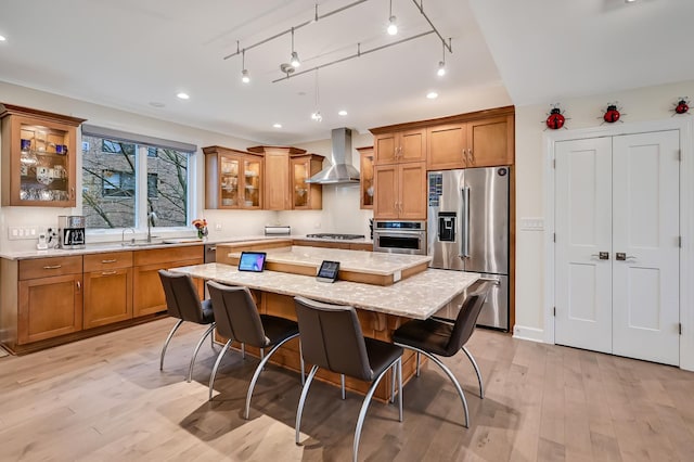 kitchen featuring wall chimney range hood, rail lighting, light wood-type flooring, appliances with stainless steel finishes, and a kitchen island