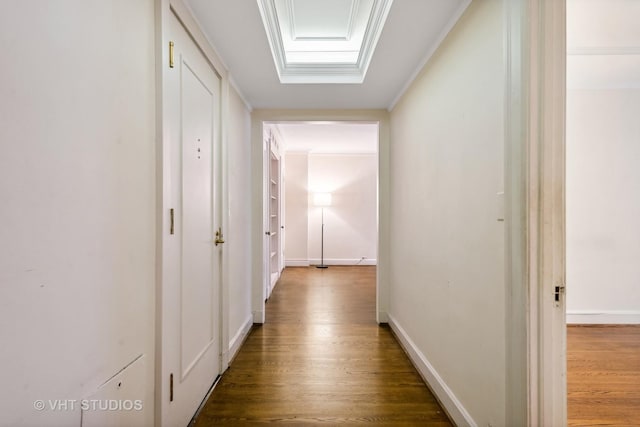 hall featuring built in shelves, dark hardwood / wood-style flooring, and a skylight