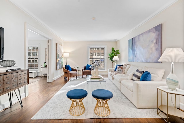 living area with ornamental molding, wood finished floors, and baseboards