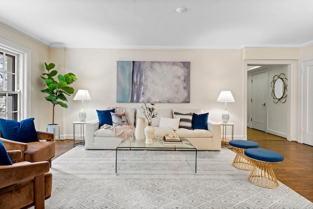 living area featuring crown molding, baseboards, and wood finished floors