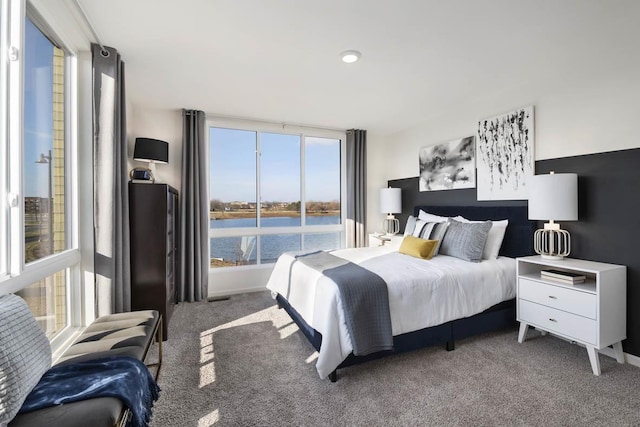 carpeted bedroom with a water view